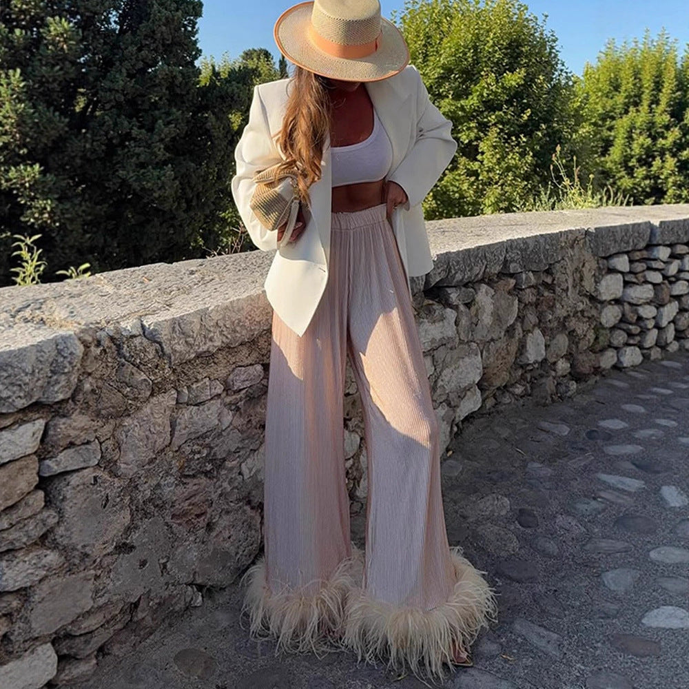Women's Pleated Palazzo Pants with Wide Leg & Feather Trim Mune Fashion
