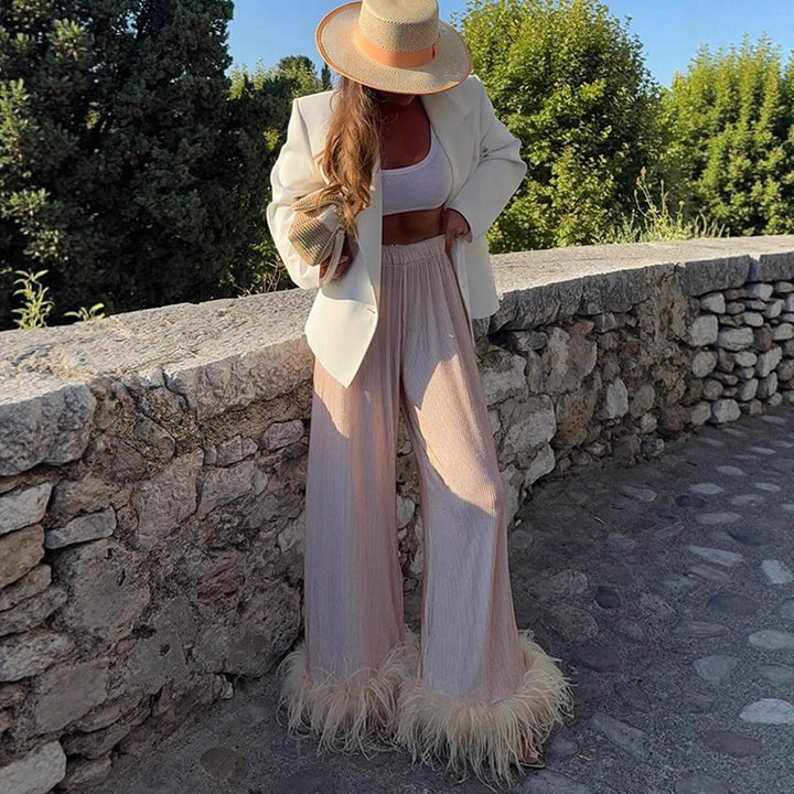 Women's Pleated Palazzo Pants with Wide Leg & Feather Trim Mune Fashion