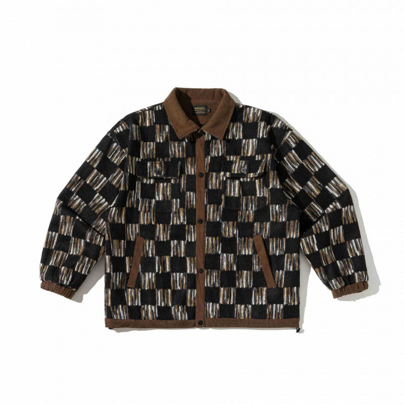 Unisex Boxy Overshirt Jacket with Cord Collar, Geometric Jacquard Pattern and Flap Pockets Mune Fashion