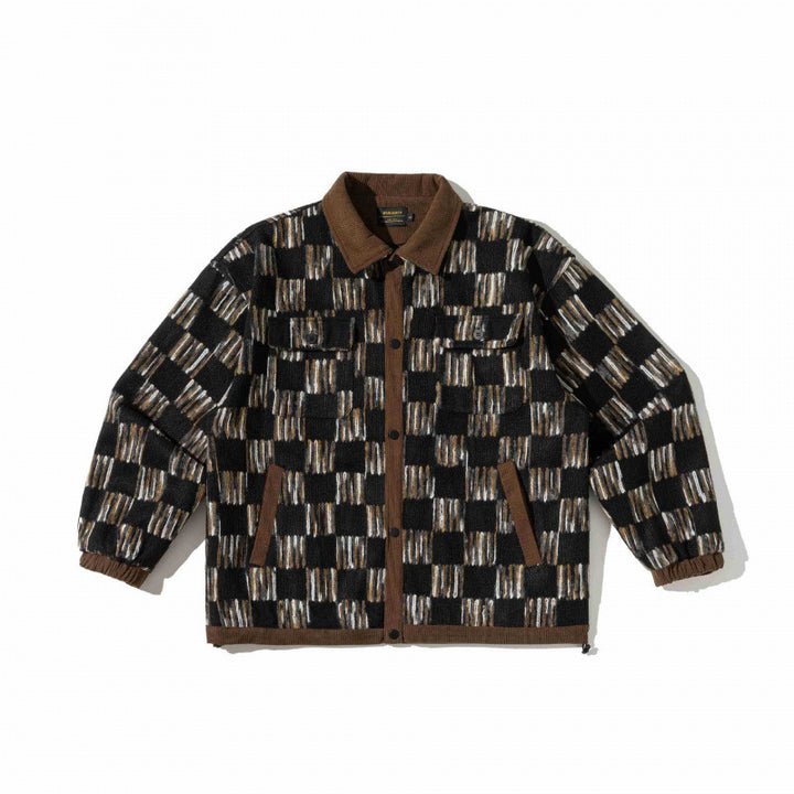 Unisex Boxy Overshirt Jacket with Cord Collar, Geometric Jacquard Pattern and Flap Pockets Mune Fashion