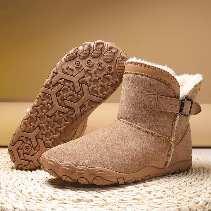 Women's winter ankle boots with faux fur lining, slip-resistant treaded sole, and adjustable buckle strap Mune Fashion