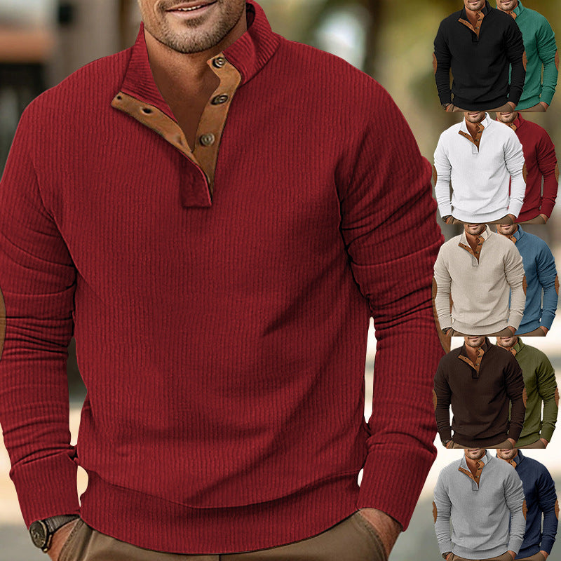 Men's structured rugby sweater with stand-up collar, button placket, and leather elbow patches Mune Fashion