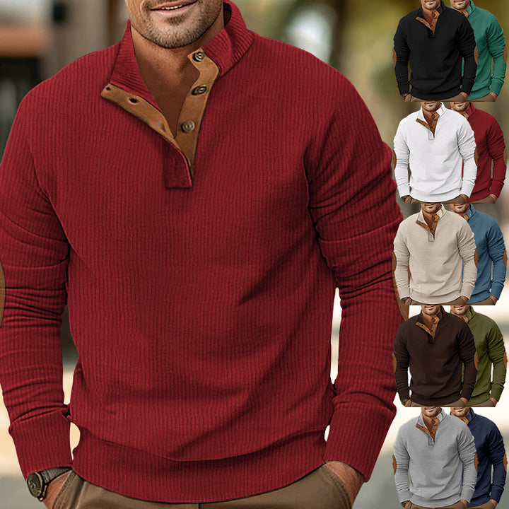 Men's structured rugby sweater with stand-up collar, button placket, and leather elbow patches Mune Fashion