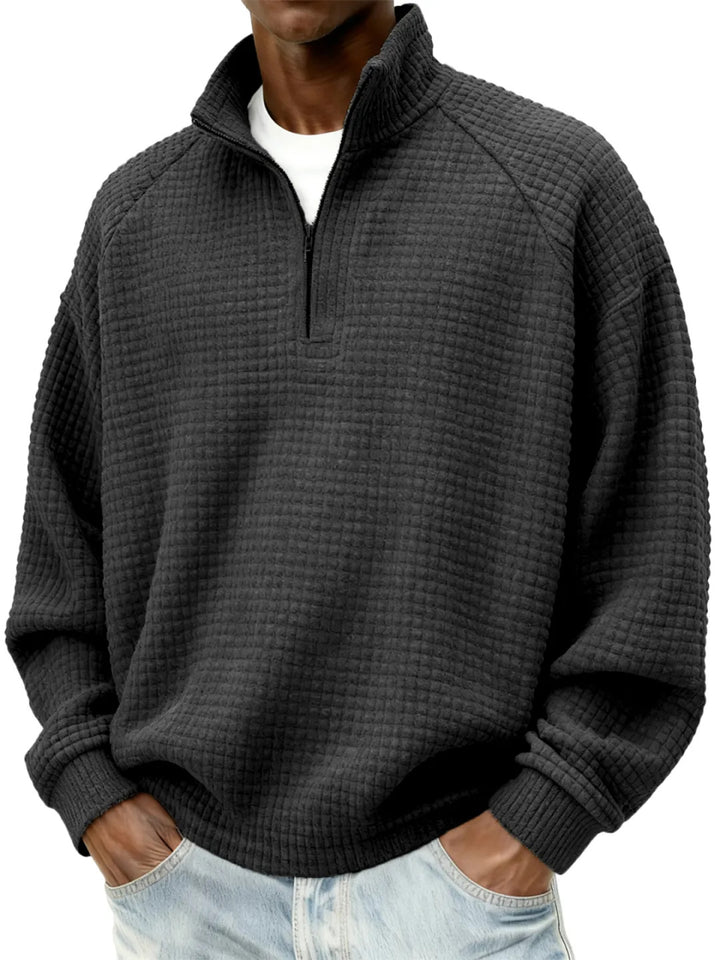 Men's Waffle Knit Oversized Sweater with Half-Zip and Stand-Up Collar Mune Fashion