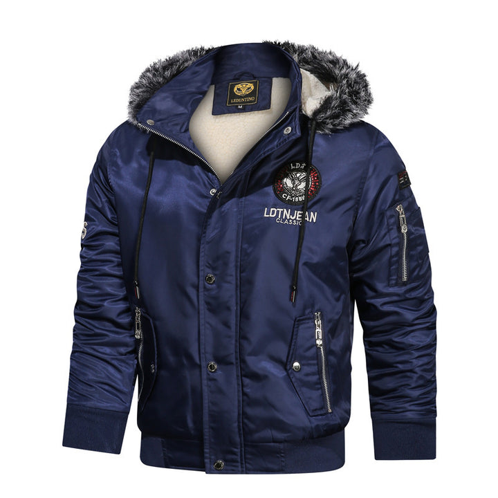 Men's faux fur lined pilot bomber jacket with faux fur hood, multifunctional zippered pockets, and warm thermal lining Mune Fashion