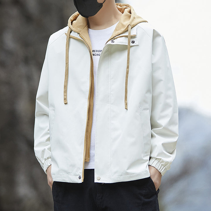 Men's Lightweight Hooded Rain Jacket in Bomber Style with Concealed Zipper and Elastic Cuffs Mune Fashion
