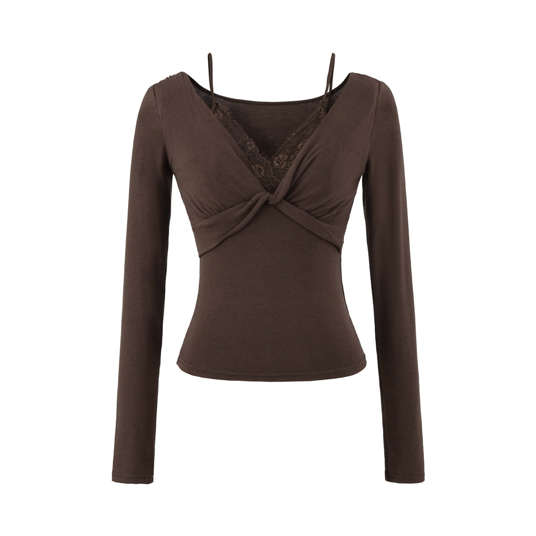 Women’s Figure-Hugging Long Sleeve Top with Twist Detail, Lace Insert and V-Neck