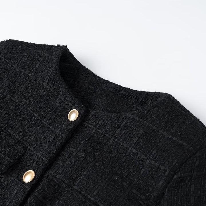 Ladies short jacket made of bouclé tweed with round neck, golden decorative buttons and tie belt Mune Fashion