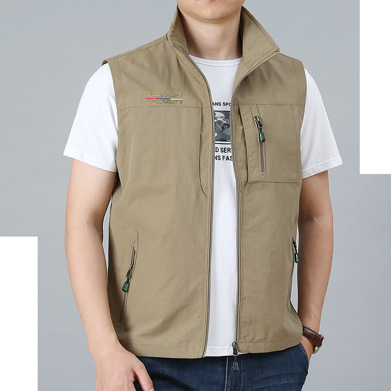Men's Lightweight Multifunctional Outdoor Vest with Zipper Pockets and Stand Collar Mune Fashion