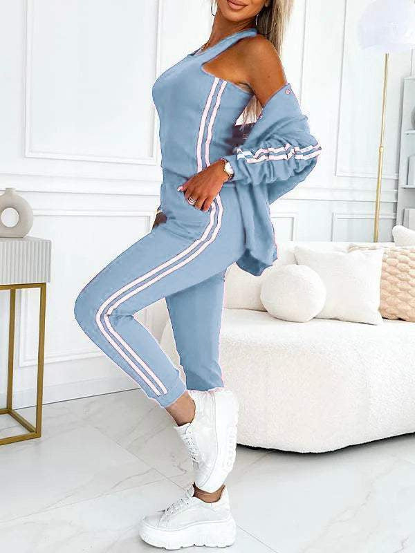 Women's trendy jogging suit set with college jacket, short top and slim-fit jogging pants Mune Fashion