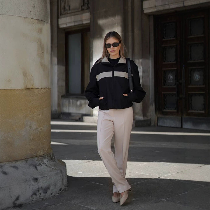 Women's Cropped Bomber Jacket with Contrast Stripes, Stand Collar and Boxy Silhouette Mune Fashion