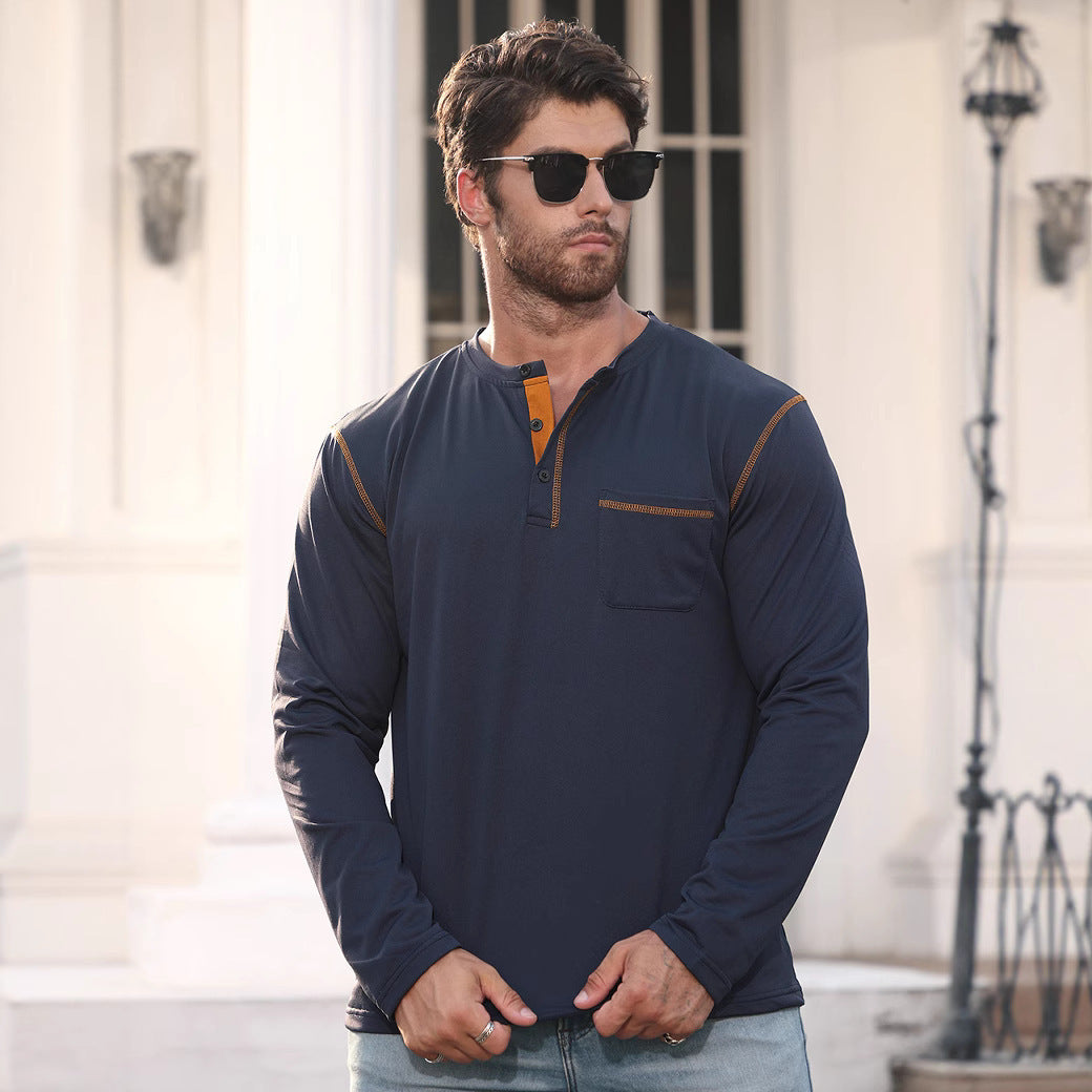 Men's Long Sleeve Shirt with Short Button Placket, Chest Pocket and Contrasting Decorative Stitching Mune Fashion