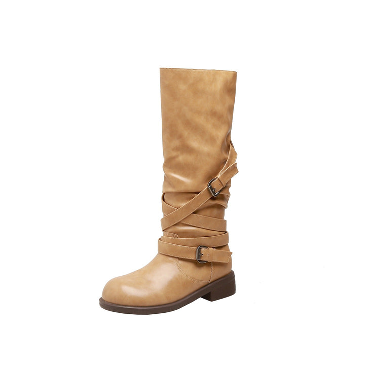 Women’s Knee-High Biker Boots with Wrap Straps and Adjustable Buckles Mune Fashion