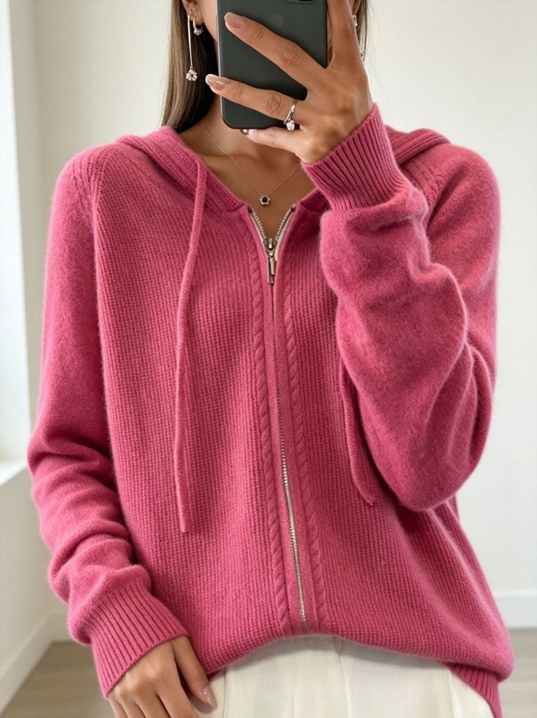 Women's hooded cardigan with zipper, fine knit and ribbed cuffs Mune Fashion