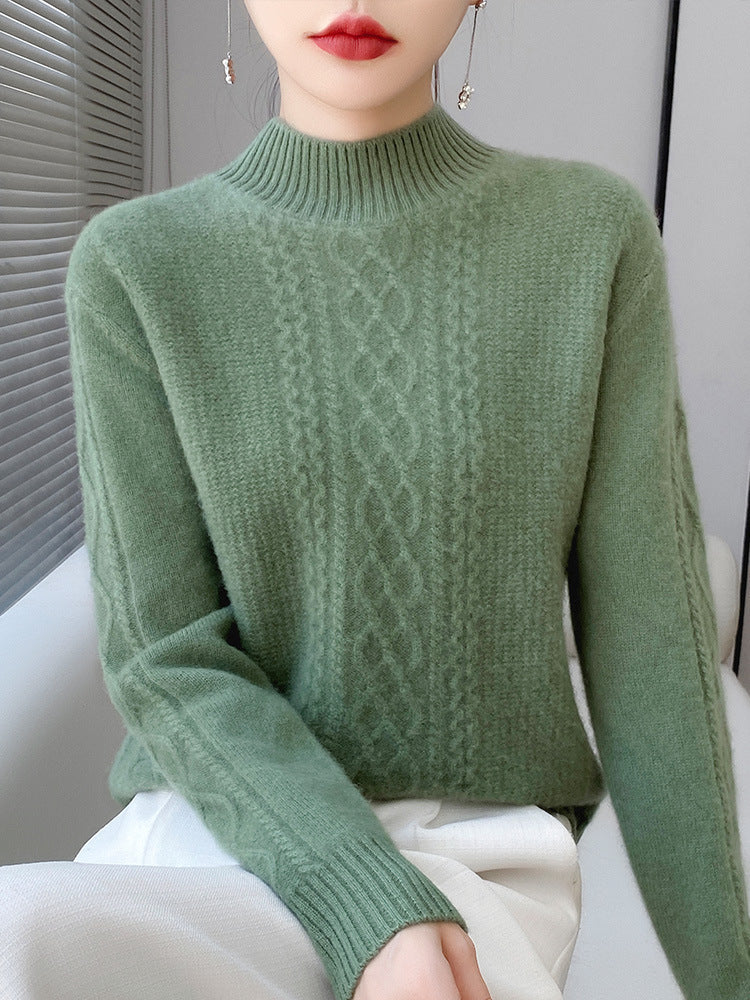 Women's Soft Cable Knit Mock Neck Sweater with Light Mohair Effect Mune Fashion
