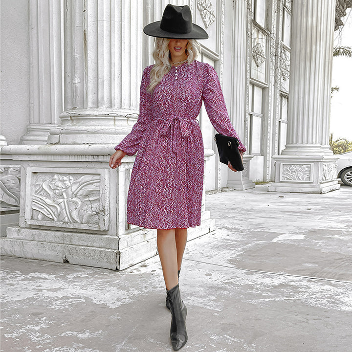 Women's midi dress with stand-up collar, waist belt, and long sleeves Mune Fashion