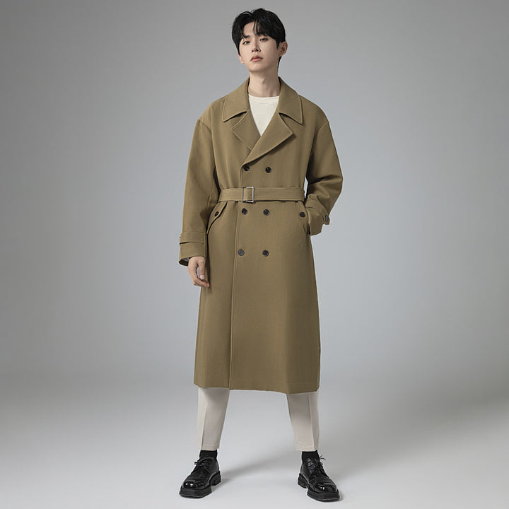Men's Maxi-Length Trench Coat with Shaping Belt and Minimalist Silhouette Mune Fashion
