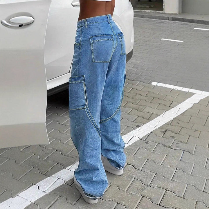 Women's Baggy Cargo Jeans Pants with Wide Leg, Applied Pockets and Zipper Detail Mune Fashion