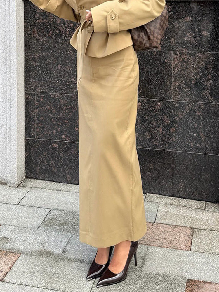 Women Tailored Trench Set with Peplum, Tied Belt & Pencil Skirt Mune Fashion
