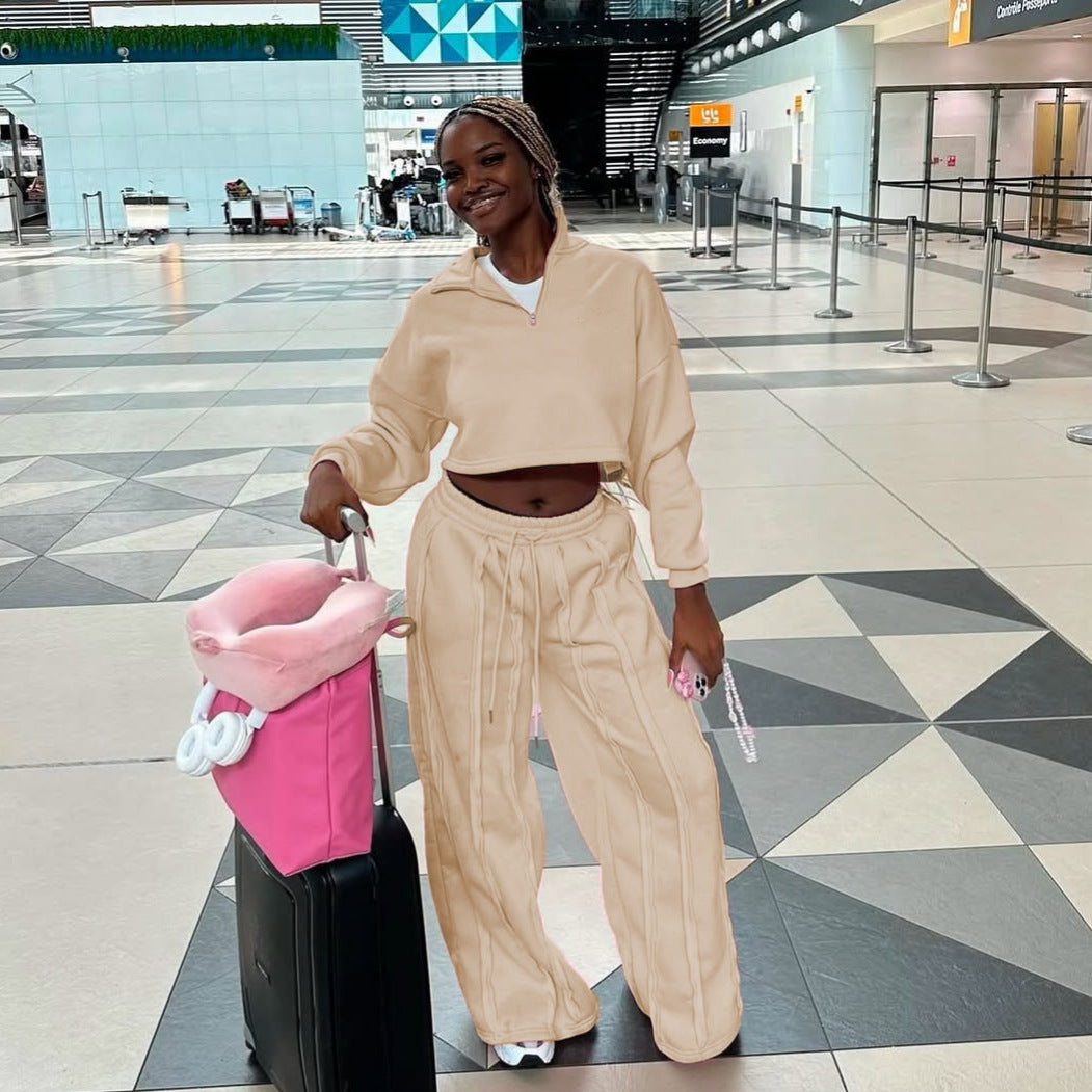Women Crop-Half-Zip Sweatshirt and High-Waist Wide-Leg Lounge Pants Set with Visible Stitching Details Mune Fashion