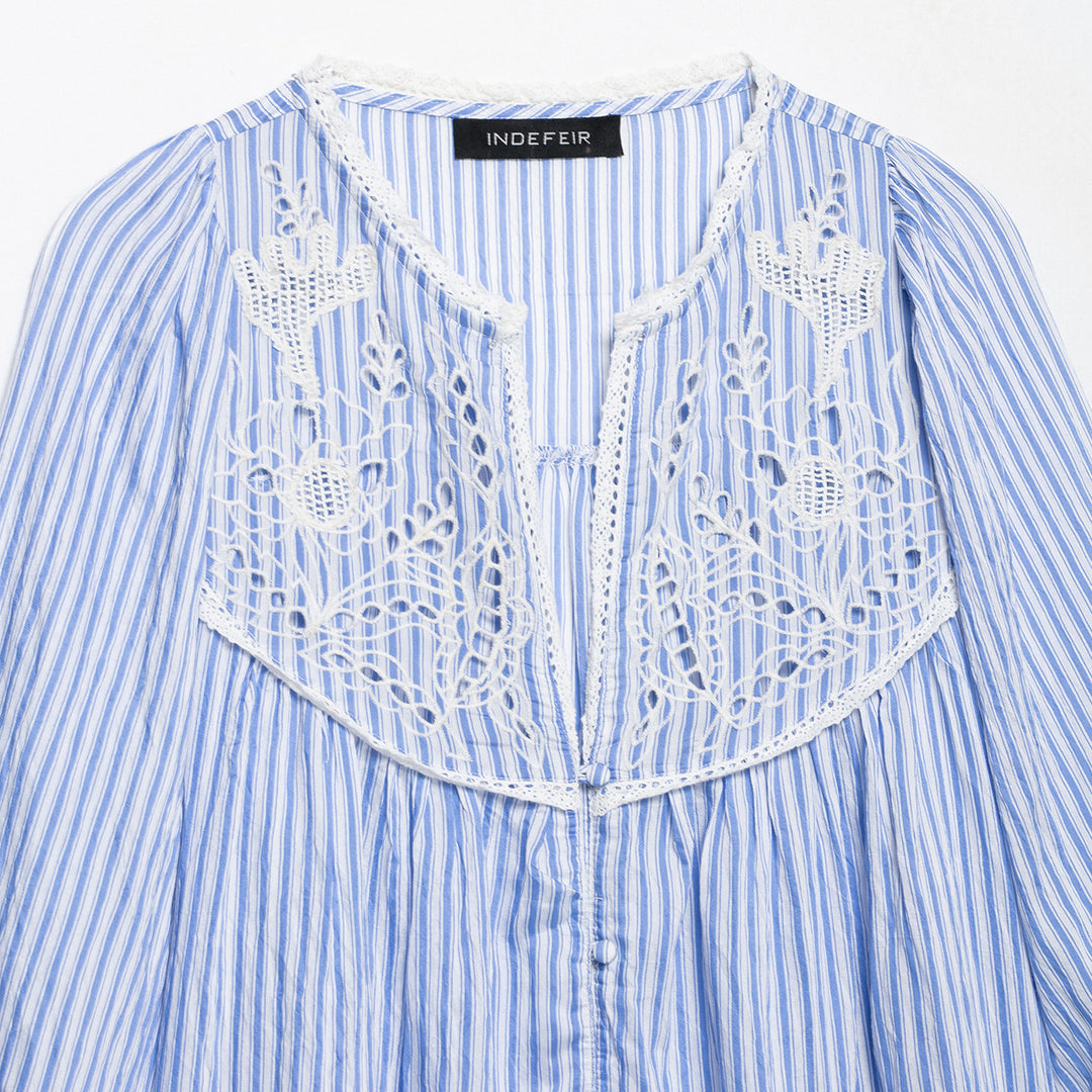 Ladies Striped Blouse with Crochet Lace, Balloon Sleeves and Button Placket Mune Fashion