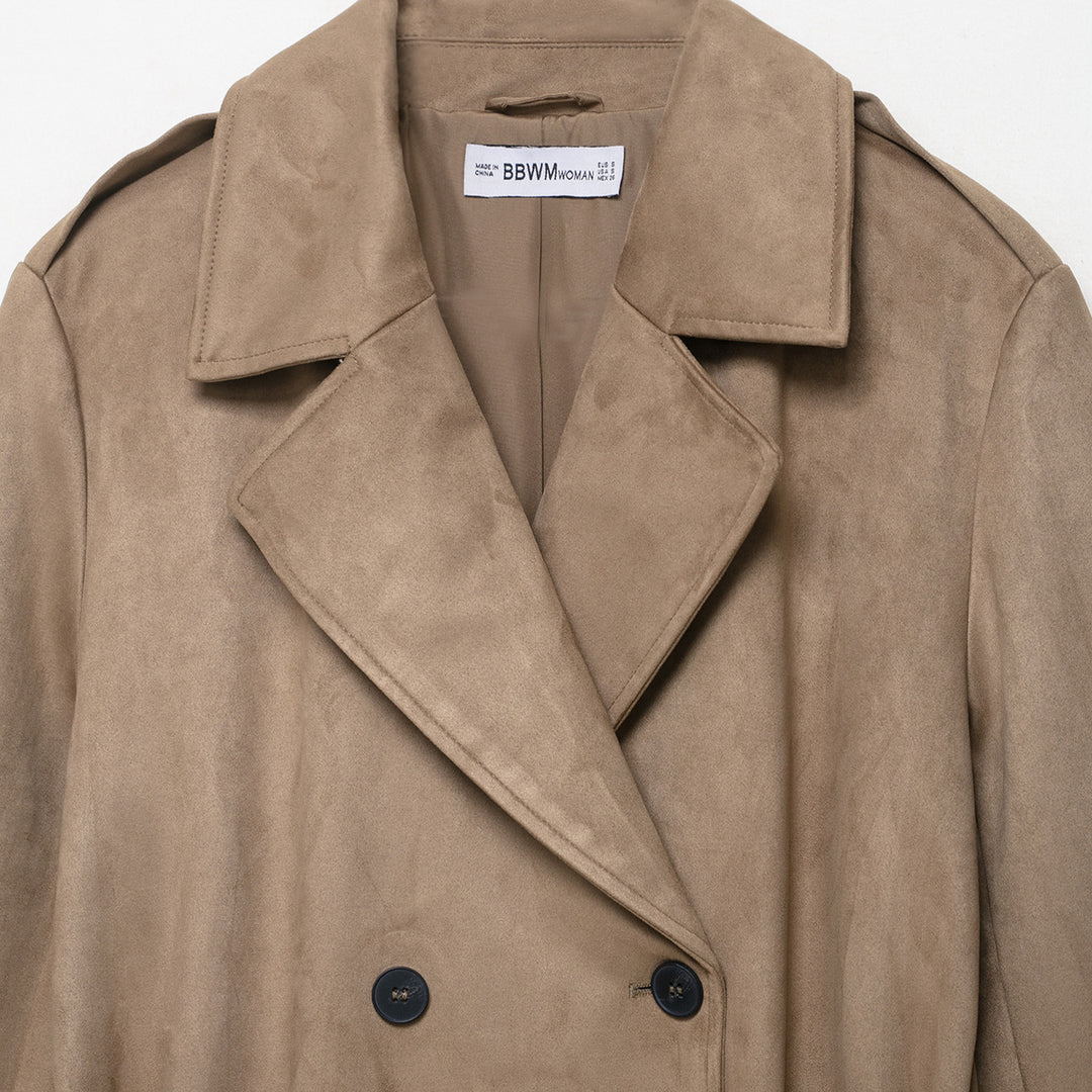 Ladies trench coat in velour leather look double-breasted with waist belt Mune Fashion