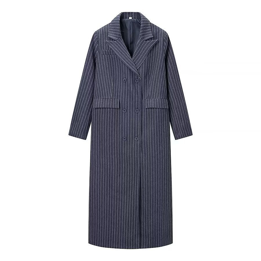 Women Long Cut Double Breasted Pinstripe Coat with Notch Collar Mune Fashion