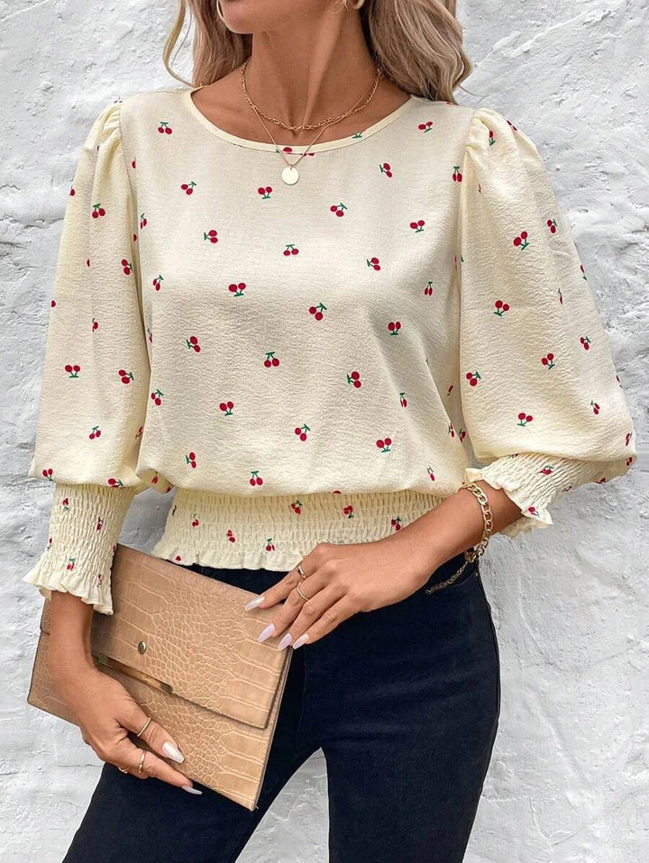 Women's Lightweight Fine Structure Blouse with Balloon Sleeves, Smocked Cuffs and Round Neckline