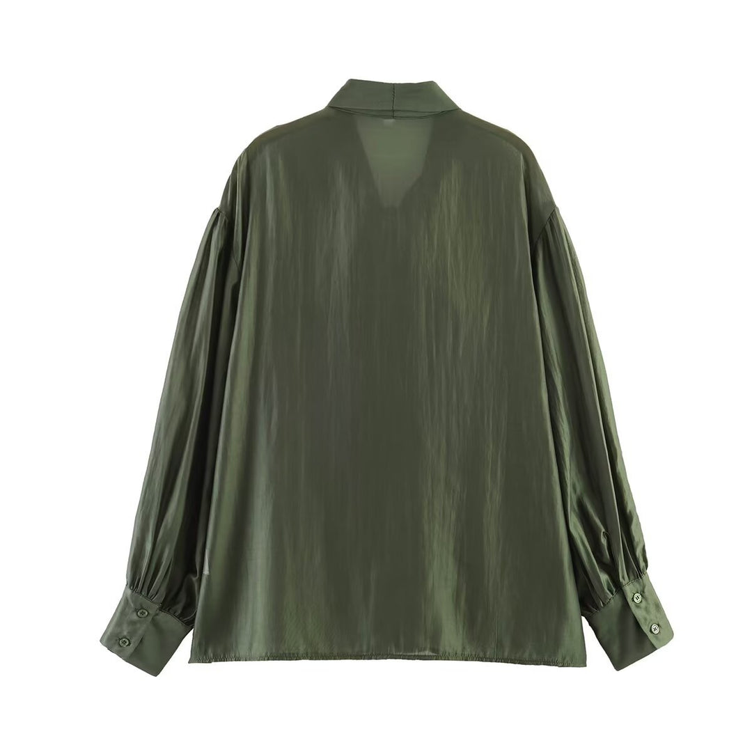Women's tie blouse made of shiny satin with voluminous balloon sleeves Mune Fashion