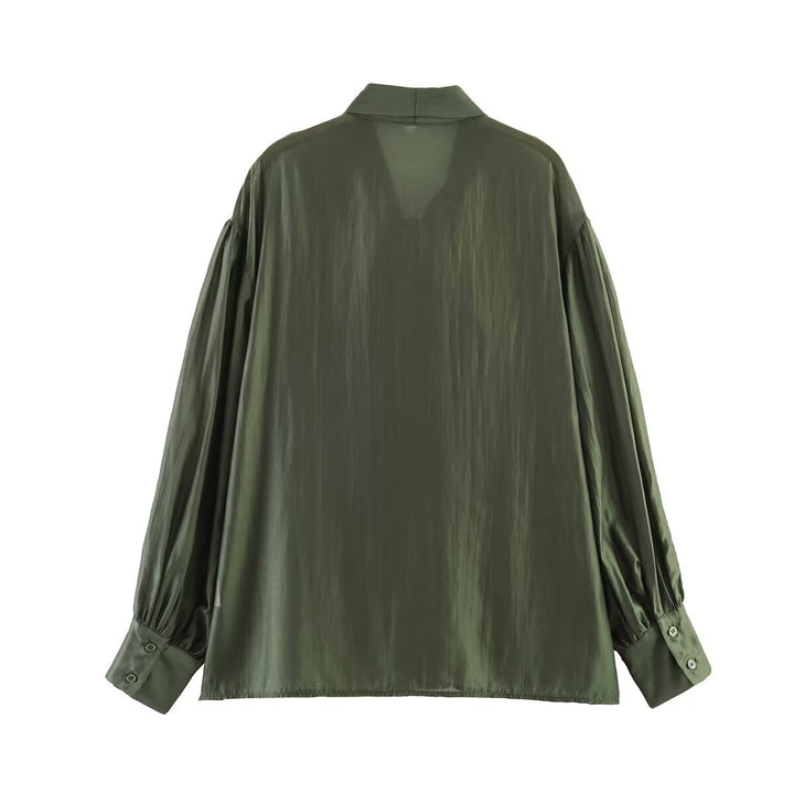 Women's tie blouse made of shiny satin with voluminous balloon sleeves Mune Fashion