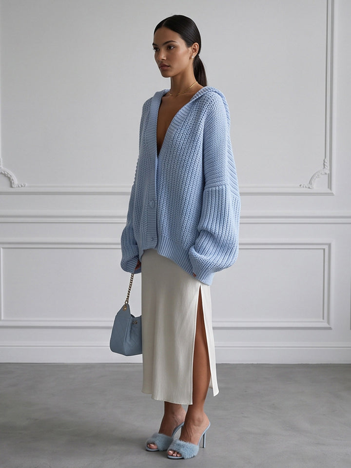 Women's Oversized Hooded Knit Cardigan with Balloon Sleeves and Button Placket Mune Fashion