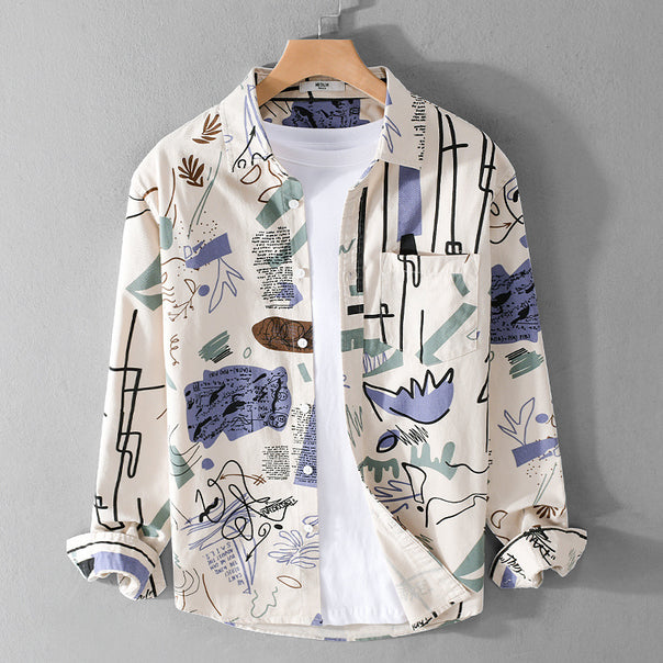 Men's Loose Shirt Jacket Overshirt with Abstract Sketch Print, Chest Pocket, and Soft Cotton Feel Mune Fashion
