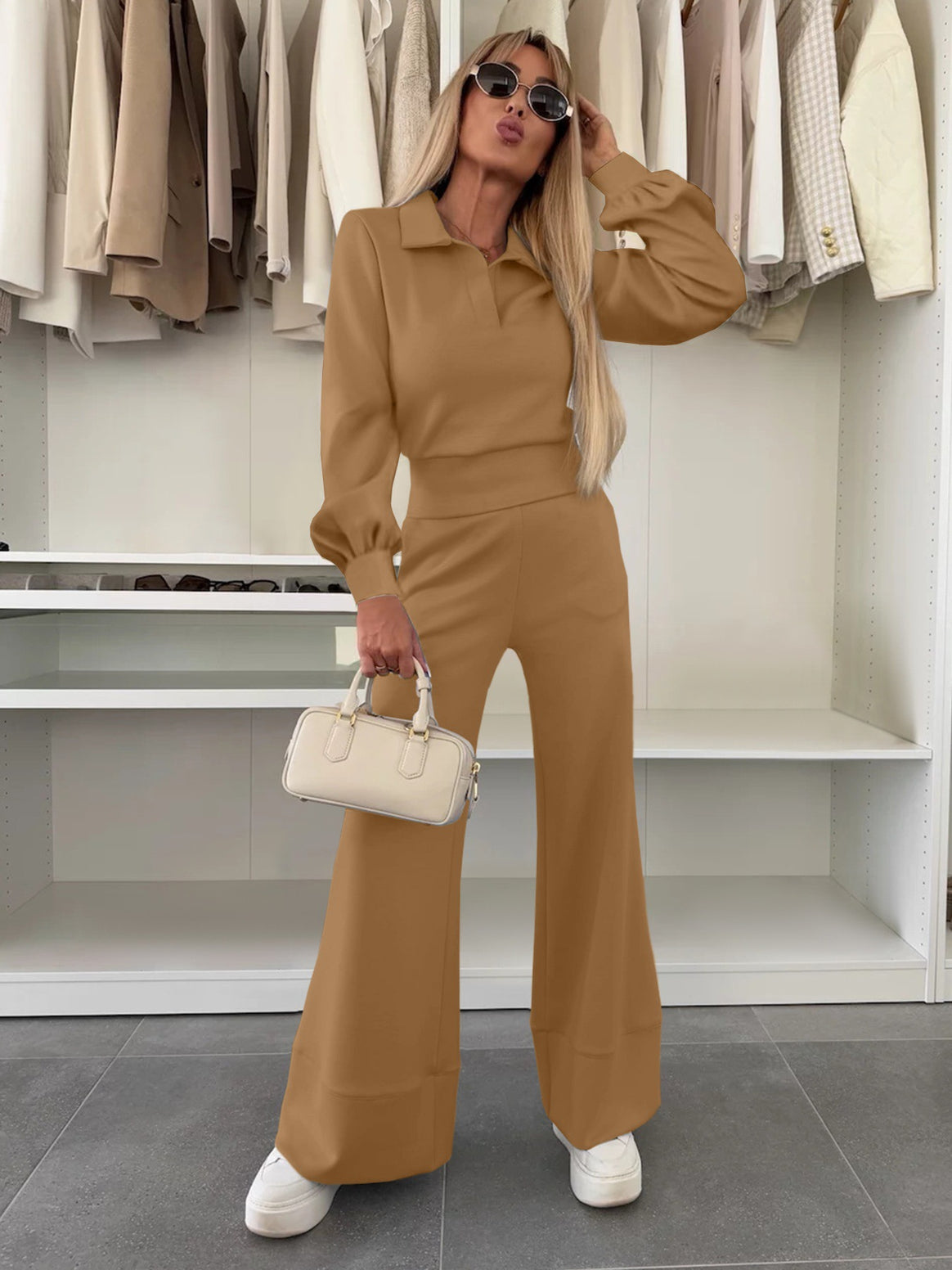 Women's Two Piece Lounge Set with Polo Collar and High Waist Palazzo Pants Mune Fashion