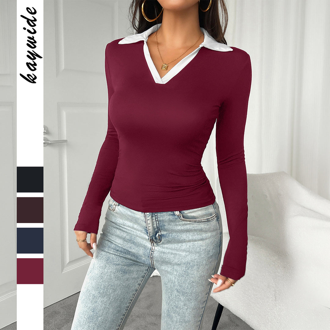 Women's fitted long sleeve with contrast polo collar and deep V-neck Mune Fashion