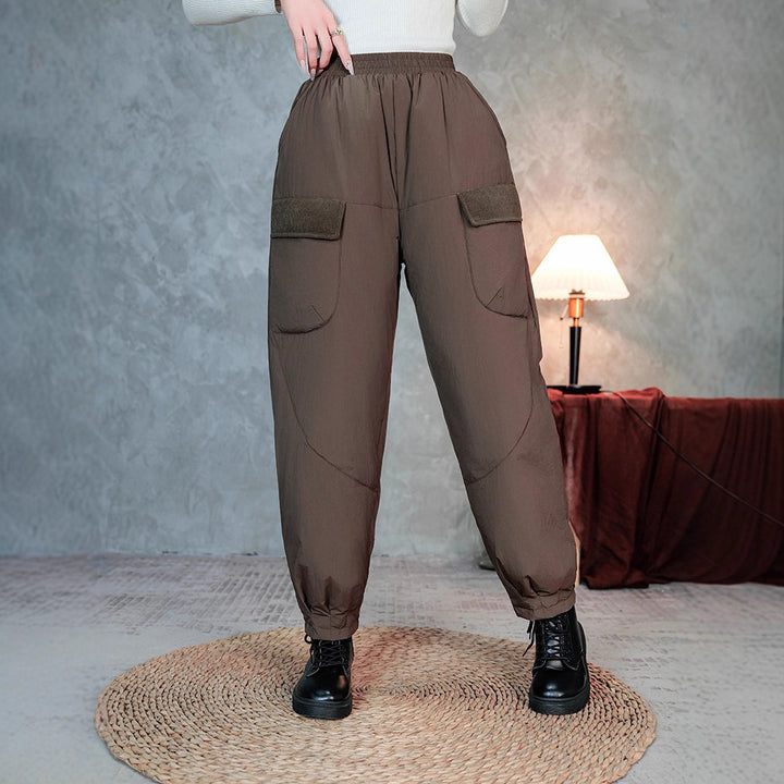 Women's Quilted Thermal Cargo Pants with Elastic Waistband and Cuff Mune Fashion