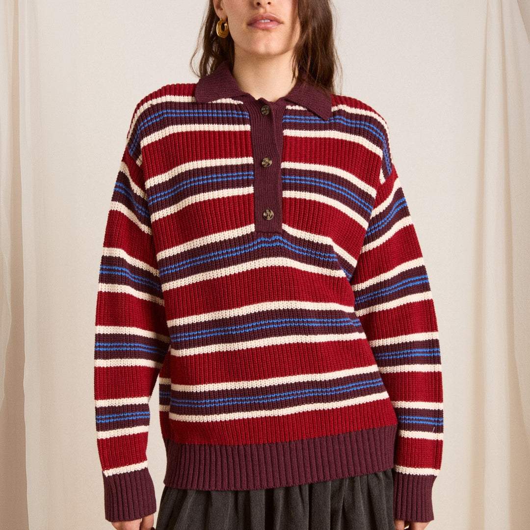 Women’s Oversize Knit Sweater with Polo Collar & Multi-layered Stripe Relief Mune Fashion