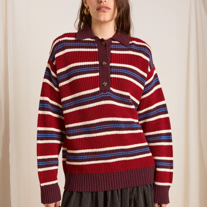 Women’s Oversize Knit Sweater with Polo Collar & Multi-layered Stripe Relief Mune Fashion