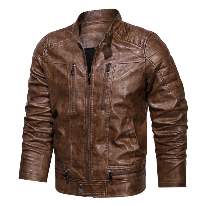 Men's motorcycle-inspired leather look jacket with stand-up collar and decorative seams Mune Fashion