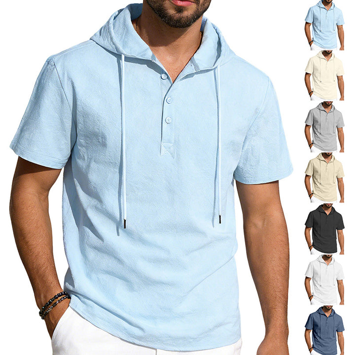 Men's short-sleeved hooded Henley made of slub cotton with concealed button placket and drawstring Mune Fashion