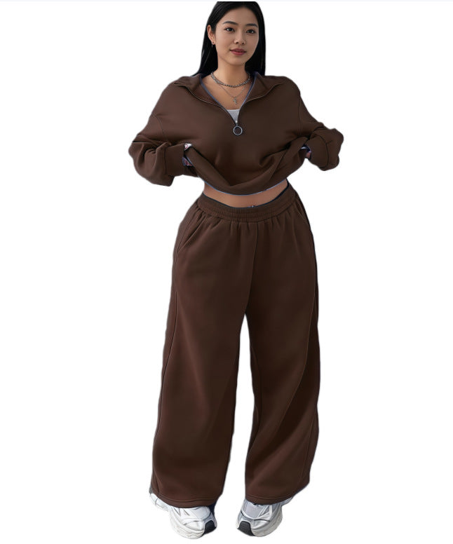 Women's Cropped Oversized Sweatshirt with Half Zipper and Wide High-Waist Jogging Pants Set Mune Fashion