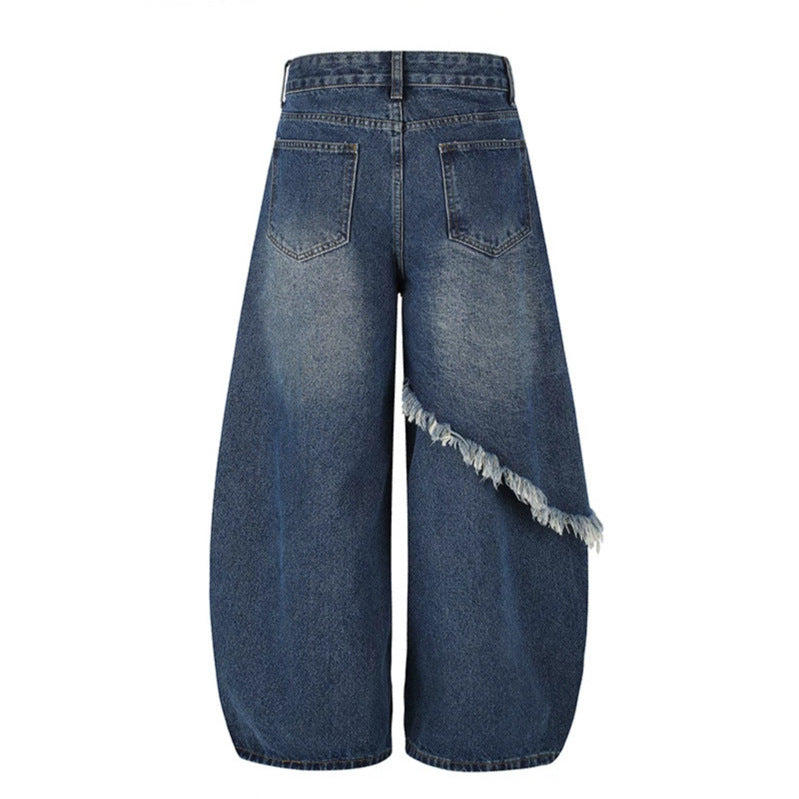 Women's high-waist wide palazzo jeans with asymmetric fringe detail and rhinestone application Mune Fashion