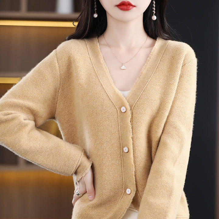 Women Short Cut V-Neck Cardigan with Fine Velvet and Pearly Buttons Mune Fashion