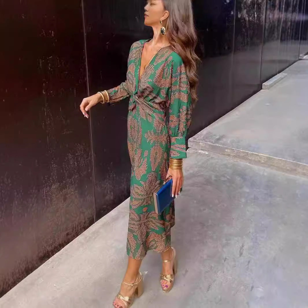 Women's Patterned Midi Dress with Knot Front, V-Neck and Long Sleeves Mune Fashion