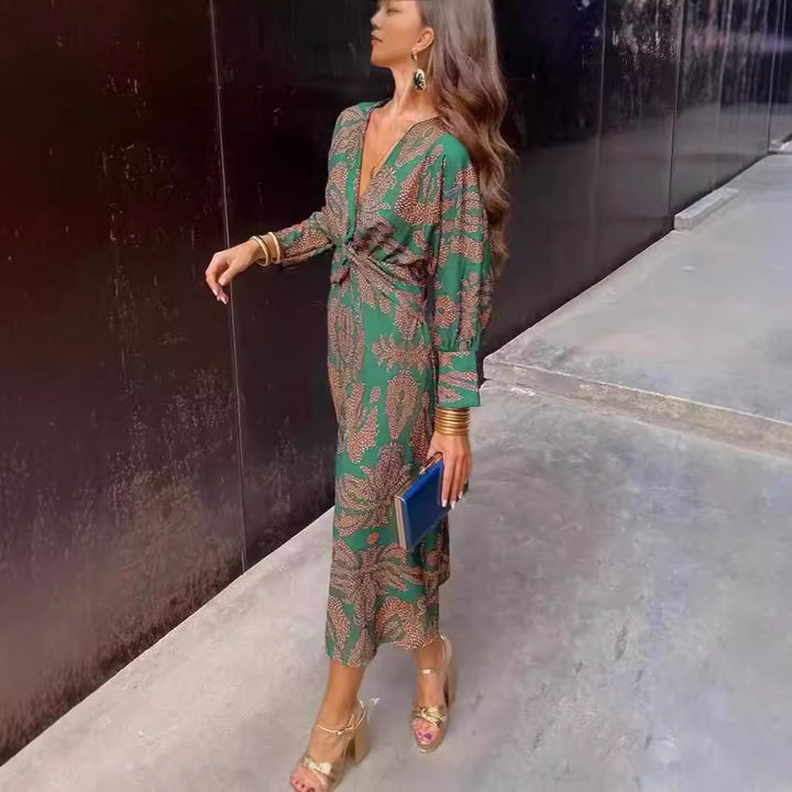 Women's Patterned Midi Dress with Knot Front, V-Neck and Long Sleeves Mune Fashion