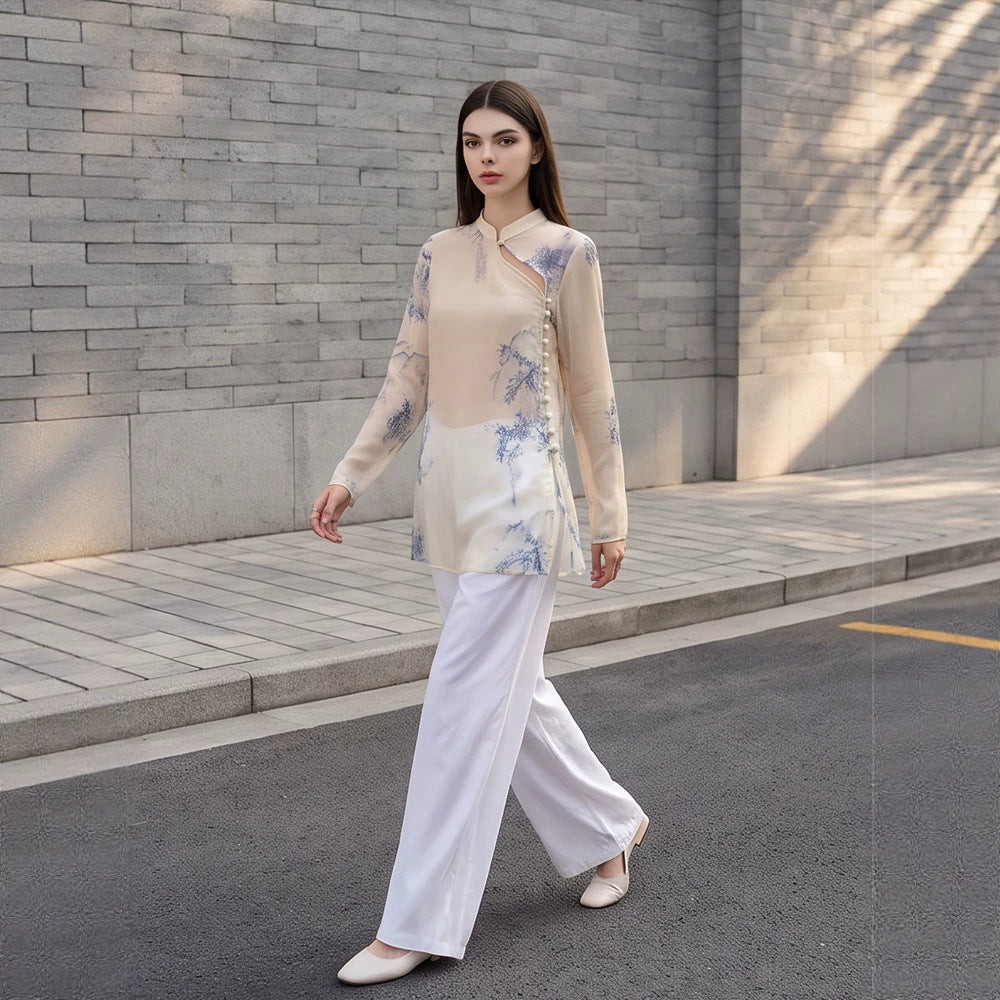 Women's Transparent Chiffon Blouse with Mandarin Collar, Asymmetrical Button Placket & Floral Print Mune Fashion