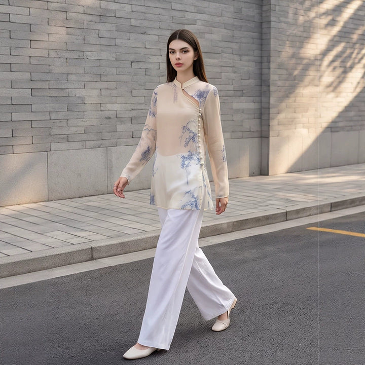 Women's Transparent Chiffon Blouse with Mandarin Collar, Asymmetrical Button Placket & Floral Print Mune Fashion