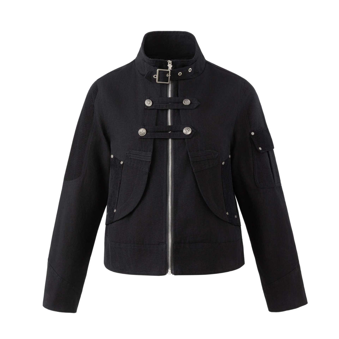 Men's military-inspired short jacket with stand-up collar, belt straps, and decorative flap pockets Mune Fashion