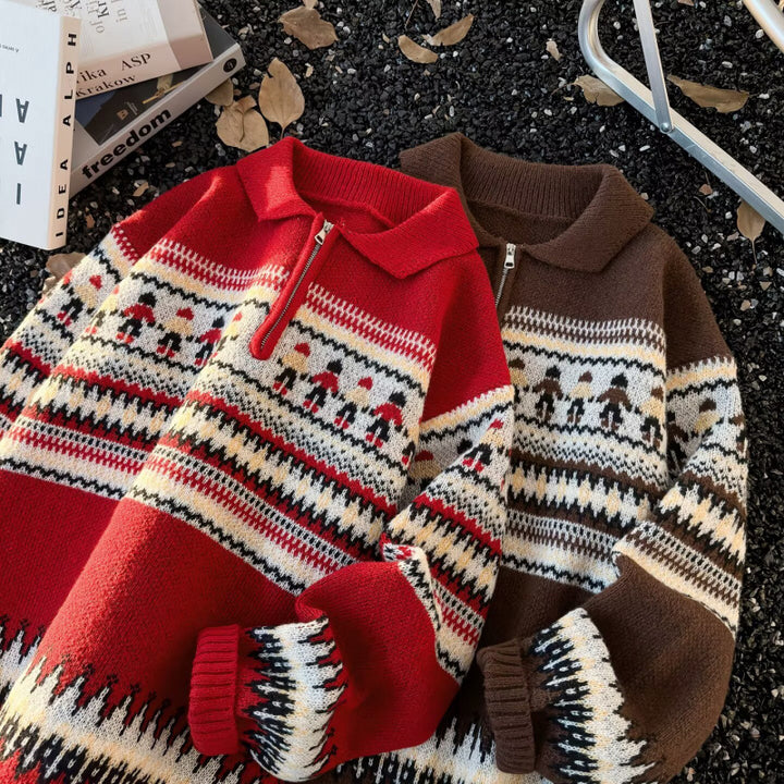 Women's Jacquard Half-Zip Sweater with Polo Collar and Norwegian Intarsia Mune Fashion