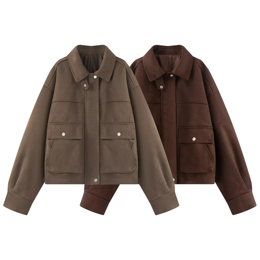 Women's boxy short utility jacket with large flap pockets, snap button placket, and drop shoulder Mune Fashion