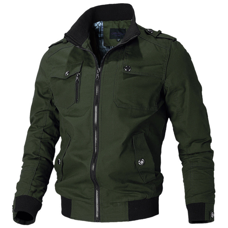 Men's short bomber jacket with stand-up collar, concealed zipper and multiple pockets.